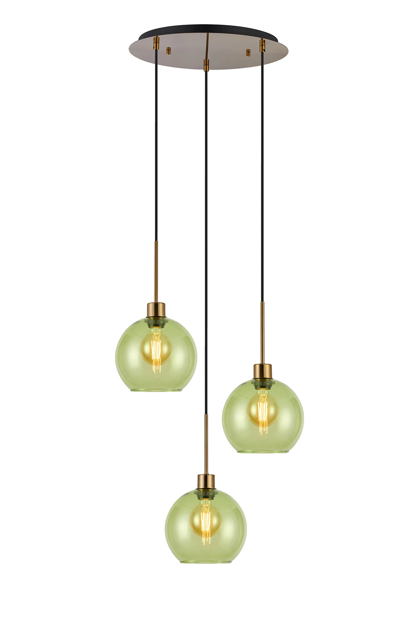 DK1179  Lori 40cm Round Pendant, 3 Light Adjustable E27, Antique Gold/Green Open Mouth Round Globe Shades